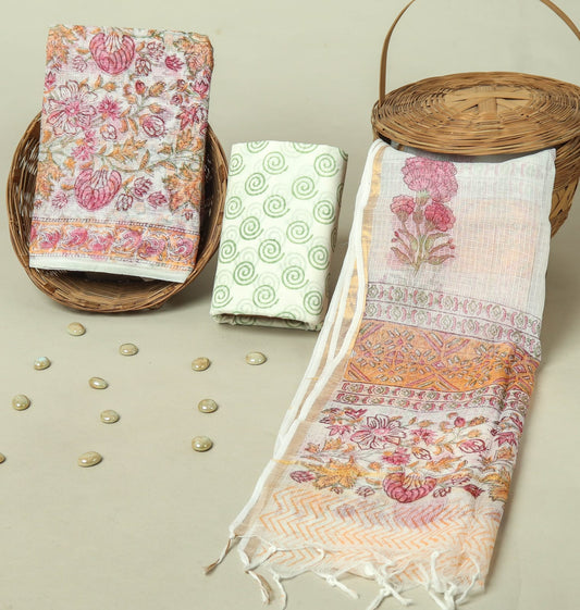 Hand Block Printed Kota Doria Cotton Suit Set with Zari Border Dupatta