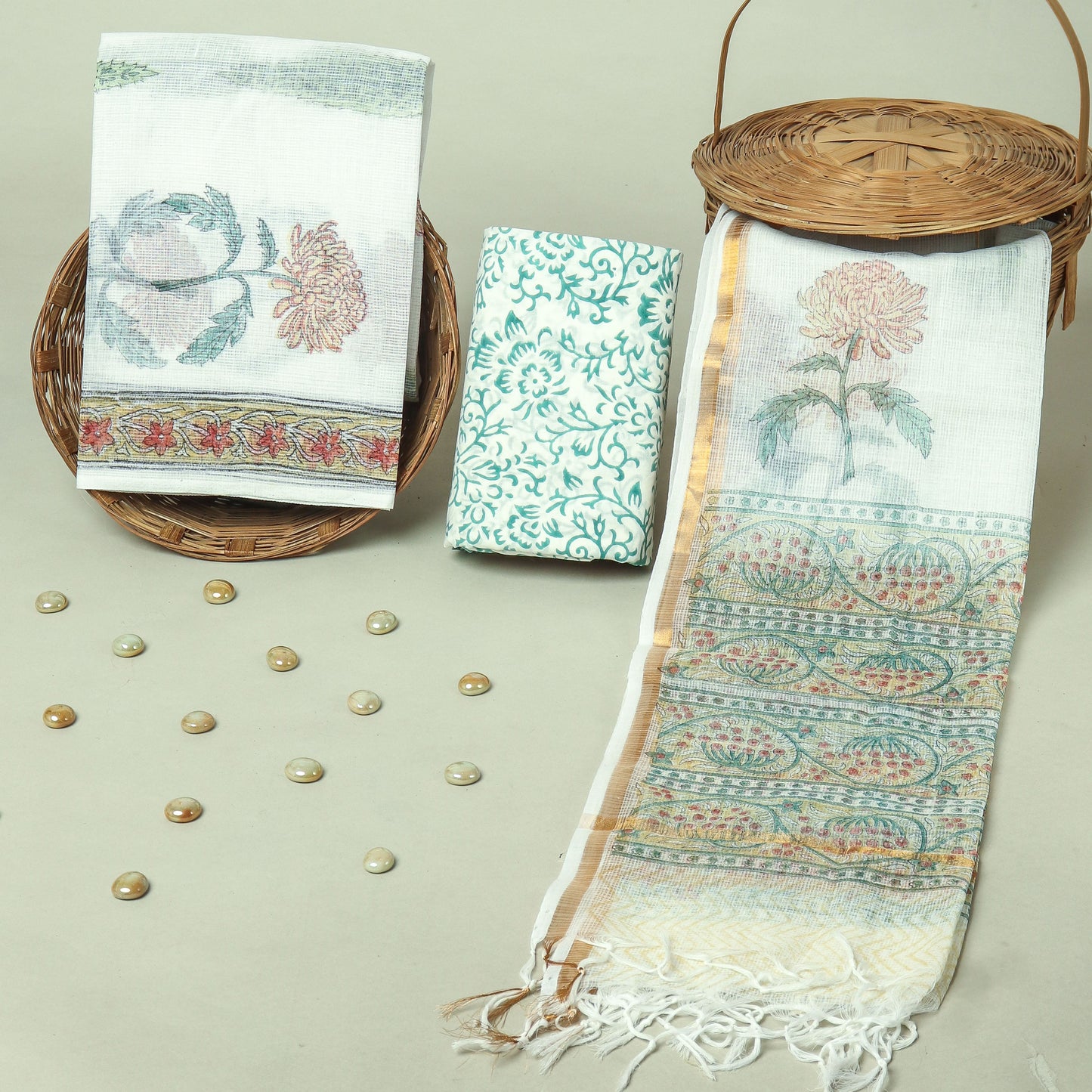 Hand Block Printed Kota Doria Cotton Suit Set with Zari Border Dupatta