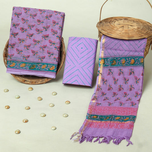 Hand Block Printed Kota Doria Cotton Suit Set with Zari Border Dupatta