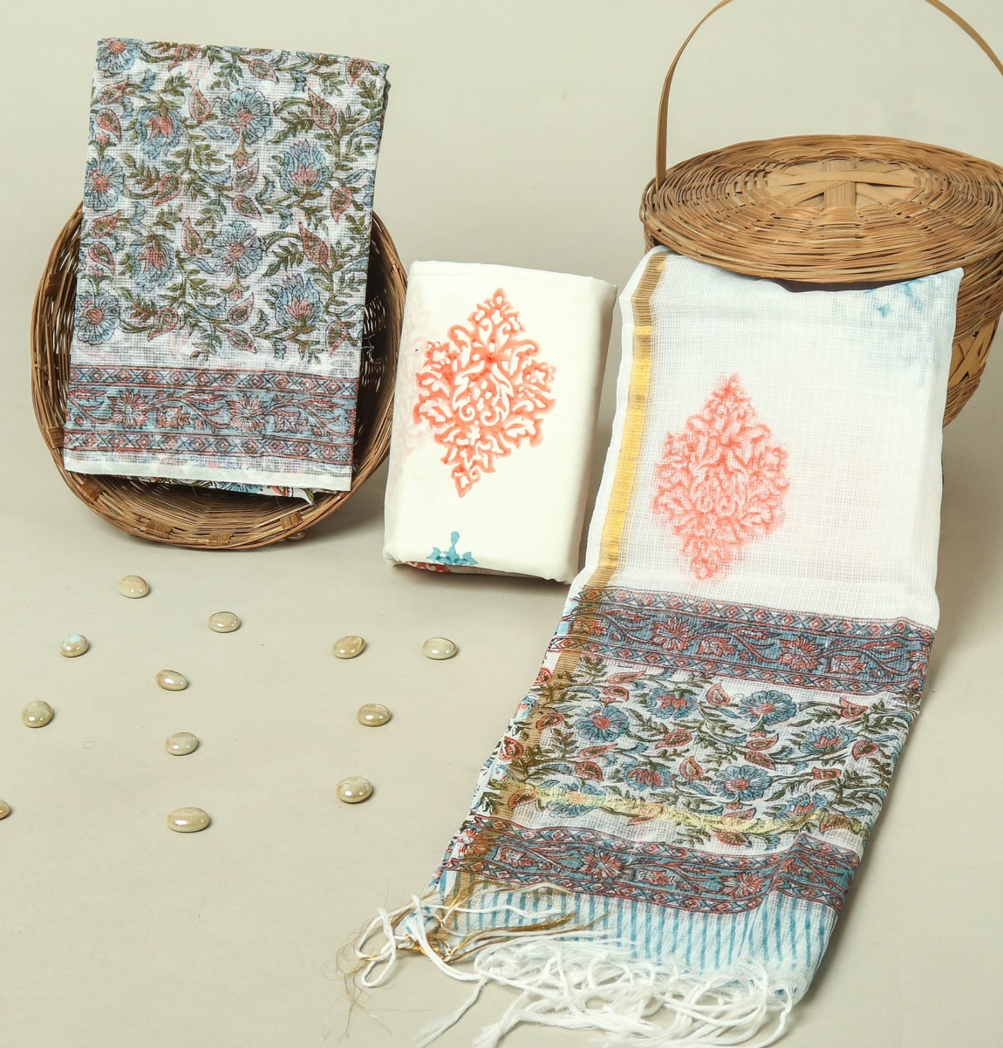 Hand Block Printed Kota Doria Cotton Suit Set with Zari Border Dupatta