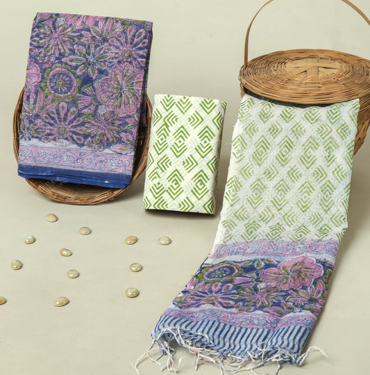 Hand Block Printed Kota Doria Cotton Suit Set with Zari Border Dupatta