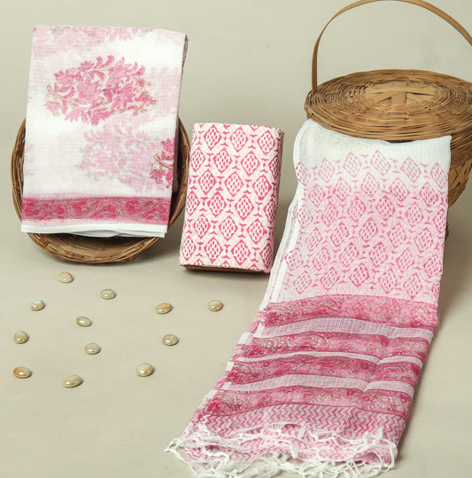Hand Block Printed Kota Doria Cotton Suit Set with Zari Border Dupatta