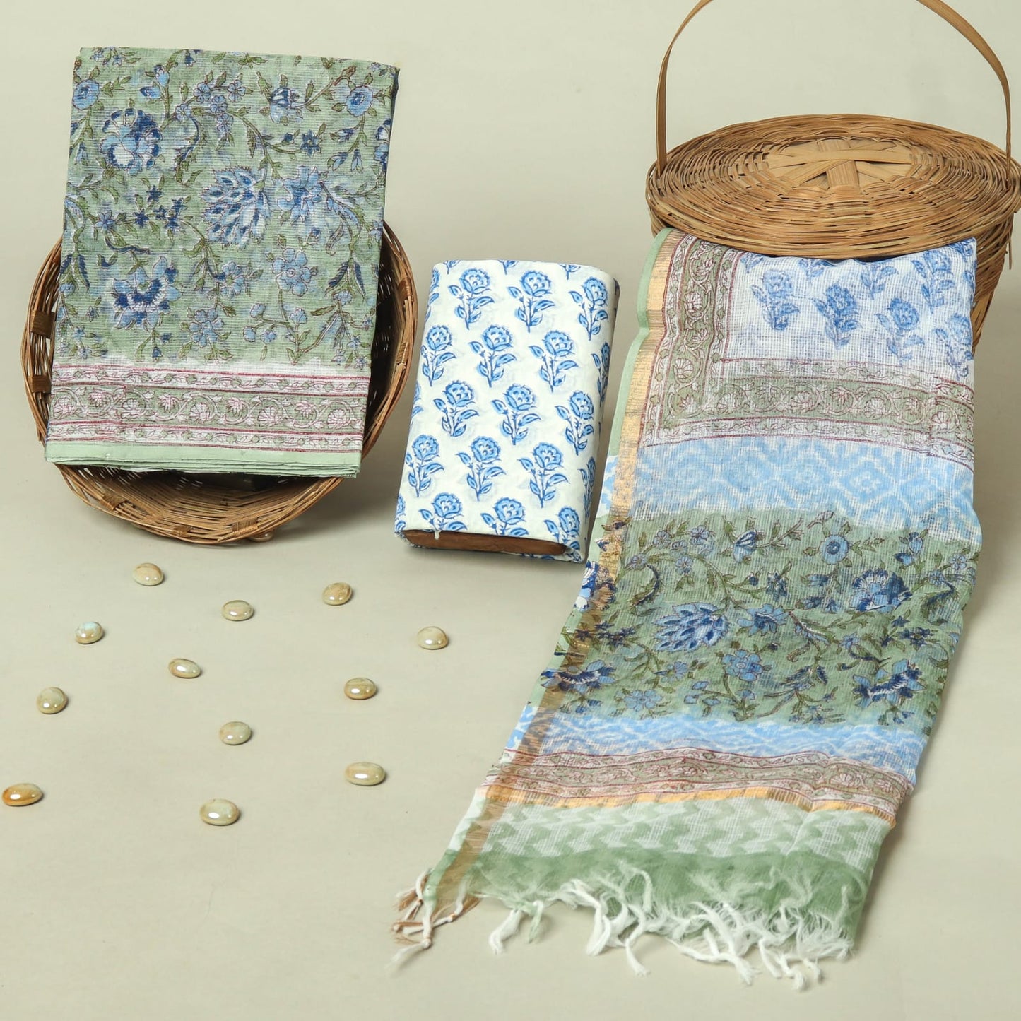 Hand Block Printed Kota Doria Cotton Suit Set with Zari Border Dupatta