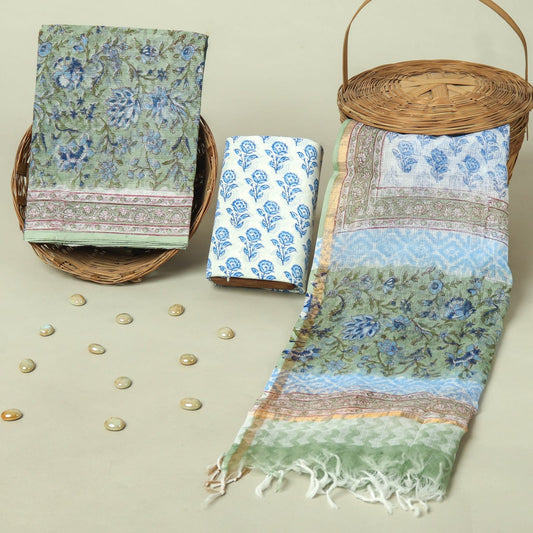 Hand Block Printed Kota Doria Cotton Suit Set with Zari Border Dupatta