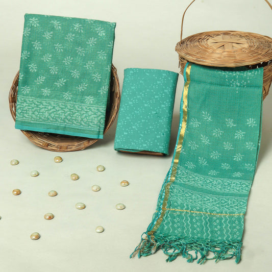 Hand Block Printed Kota Doria Cotton Suit Set with Zari Border Dupatta