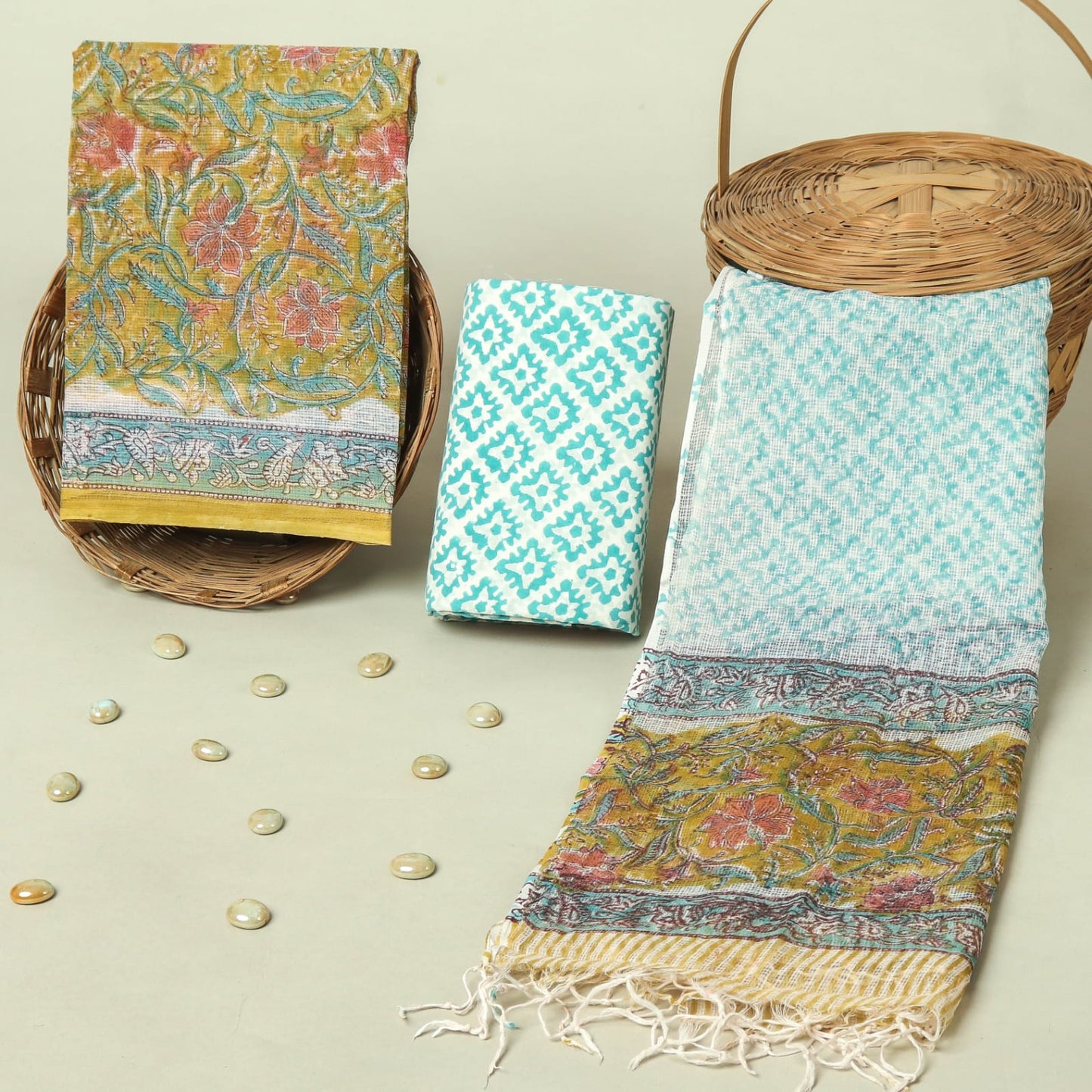 Hand Block Printed Kota Doria Cotton Suit Set with Zari Border Dupatta