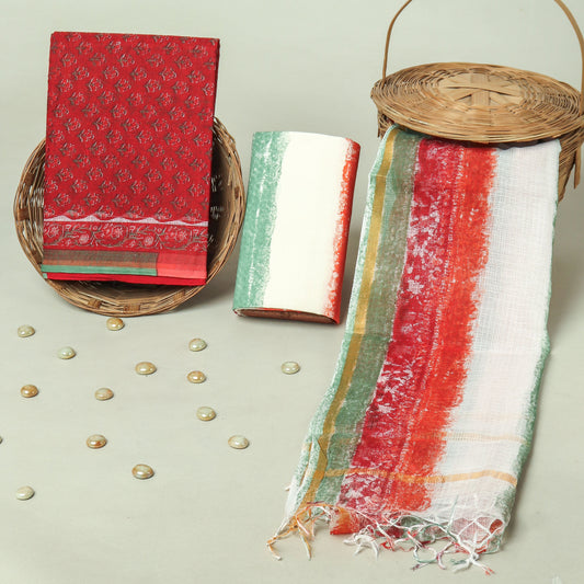 Hand Block Printed Kota Doria Cotton Suit Set with Zari Border Dupatta