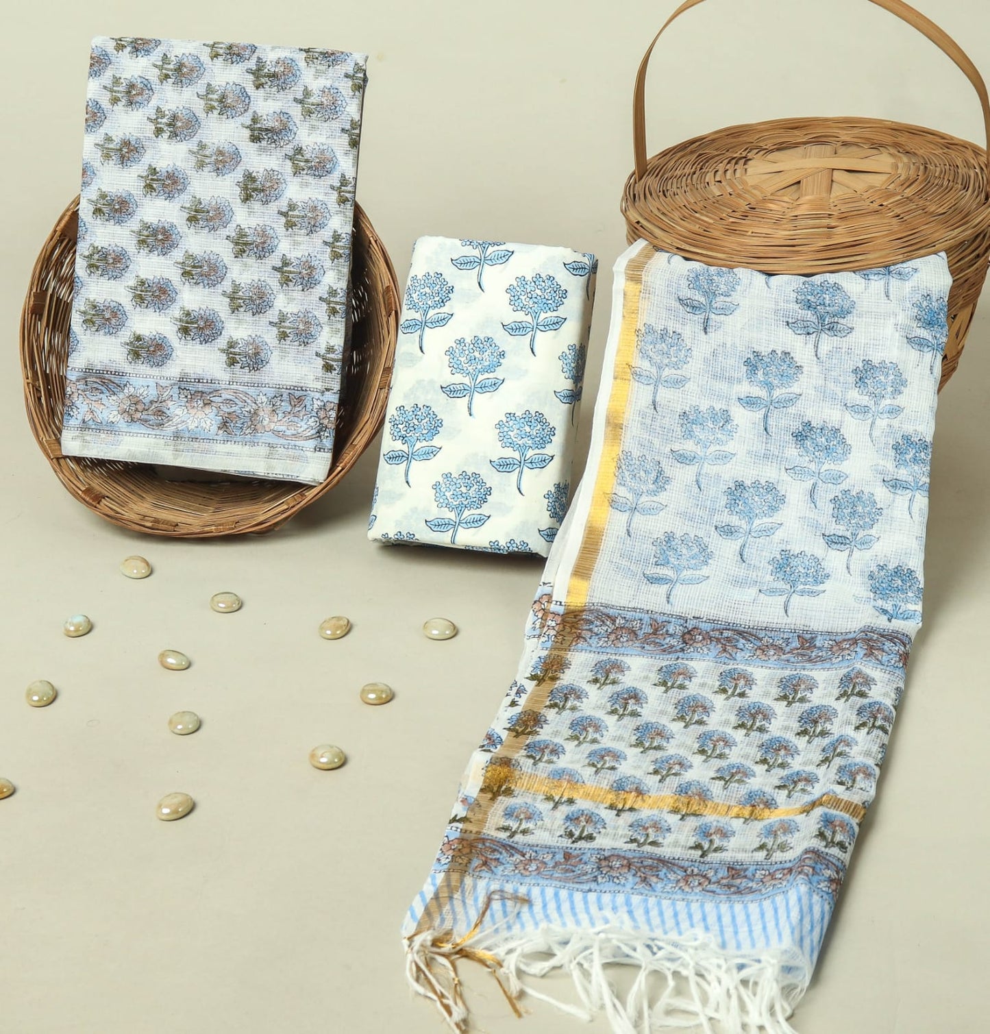 Hand Block Printed Kota Doria Cotton Suit Set with Zari Border Dupatta