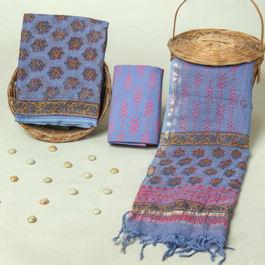Hand Block Printed Kota Doria Cotton Suit Set with Zari Border Dupatta