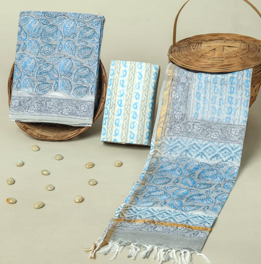 Hand Block Printed Kota Doria Cotton Suit Set with Zari Border Dupatta