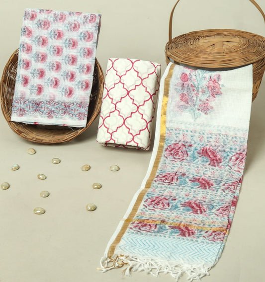 Hand Block Printed Kota Doria Cotton Suit Set with Zari Border Dupatta