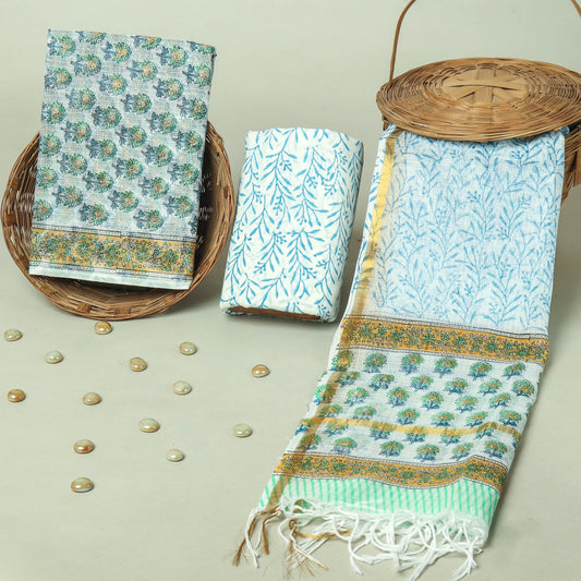 Hand Block Printed Kota Doria Cotton Suit Set with Zari Border Dupatta