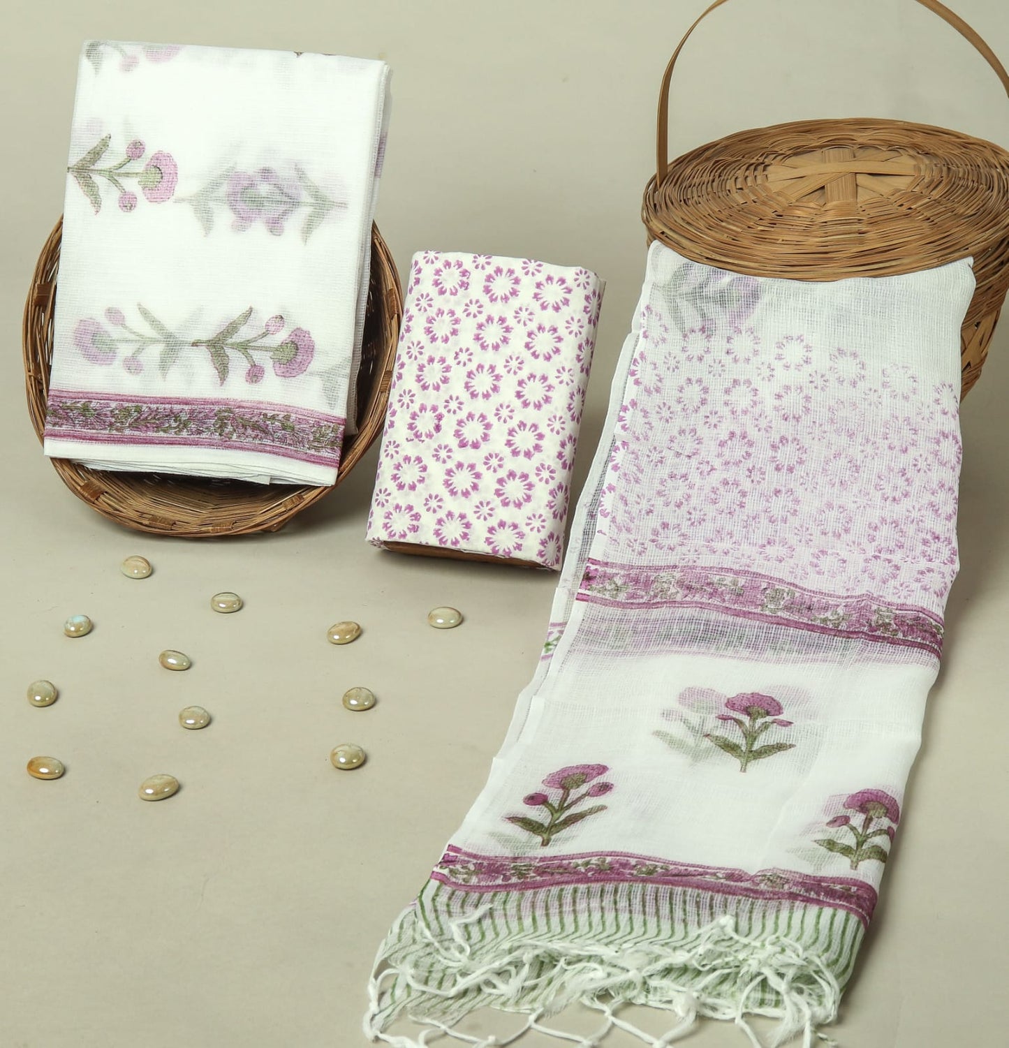 Hand Block Printed Kota Doria Cotton Suit Set with Zari Border Dupatta