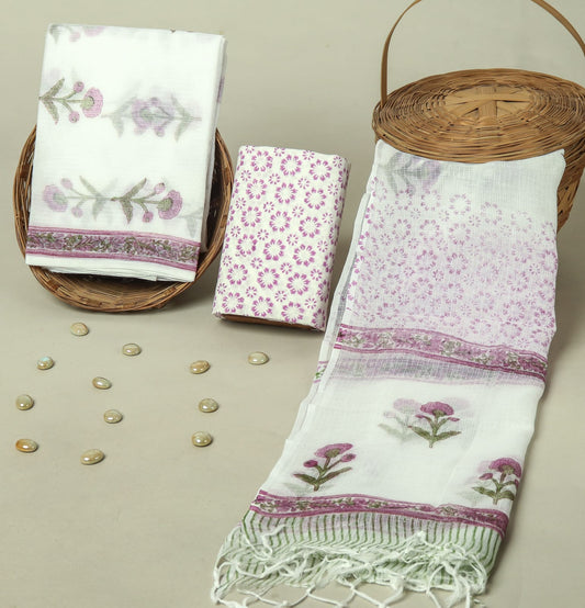 Hand Block Printed Kota Doria Cotton Suit Set with Zari Border Dupatta