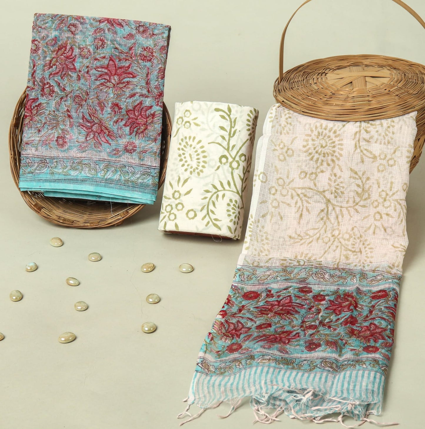 Hand Block Printed Kota Doria Cotton Suit Set with Zari Border Dupatta