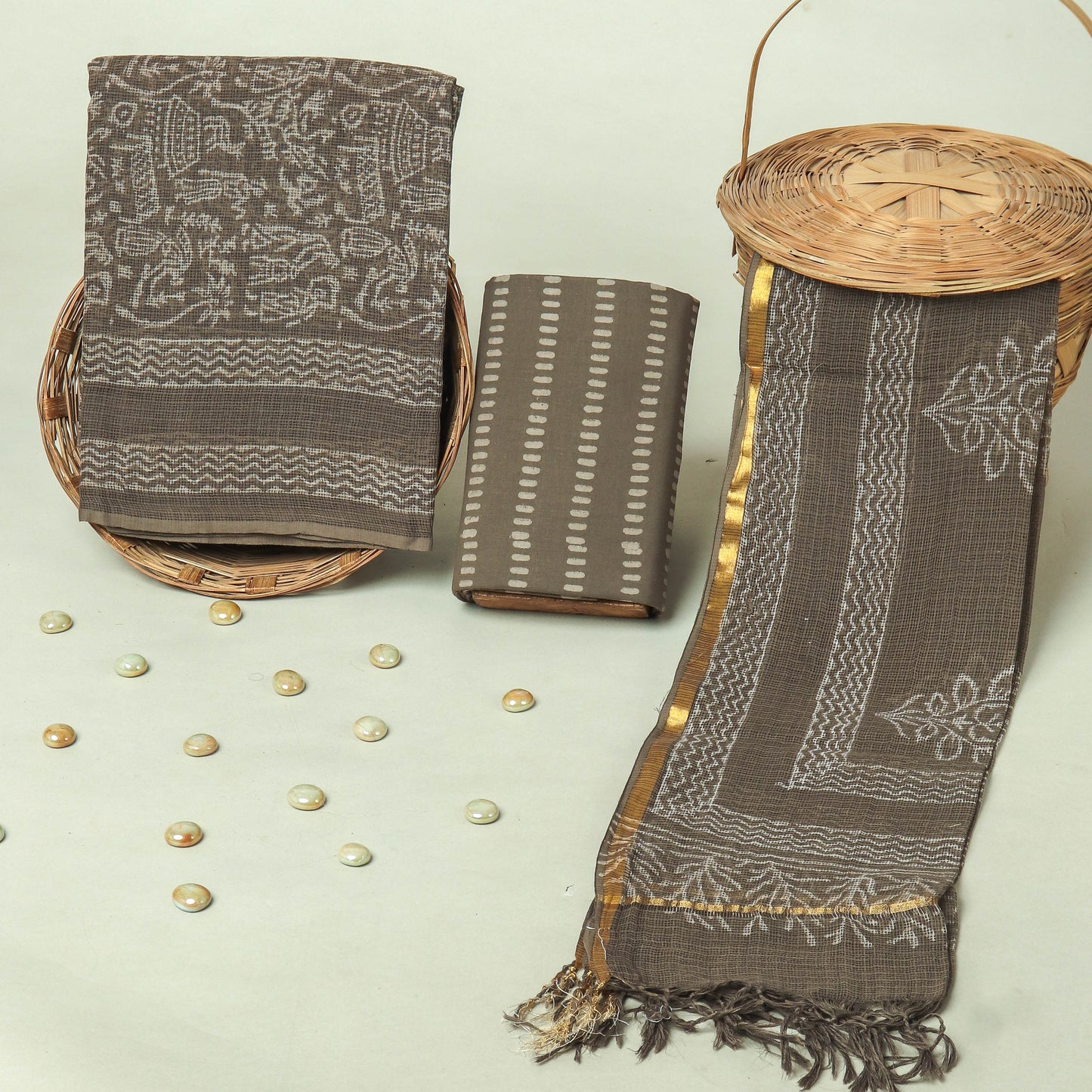 Hand Block Printed Kota Doria Cotton Suit Set with Zari Border Dupatta