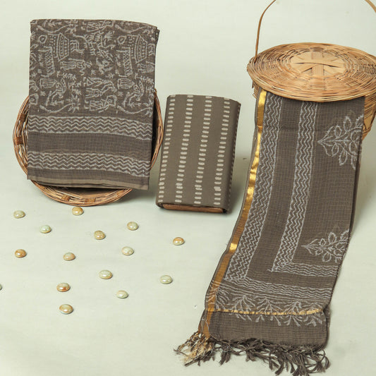 Hand Block Printed Kota Doria Cotton Suit Set with Zari Border Dupatta