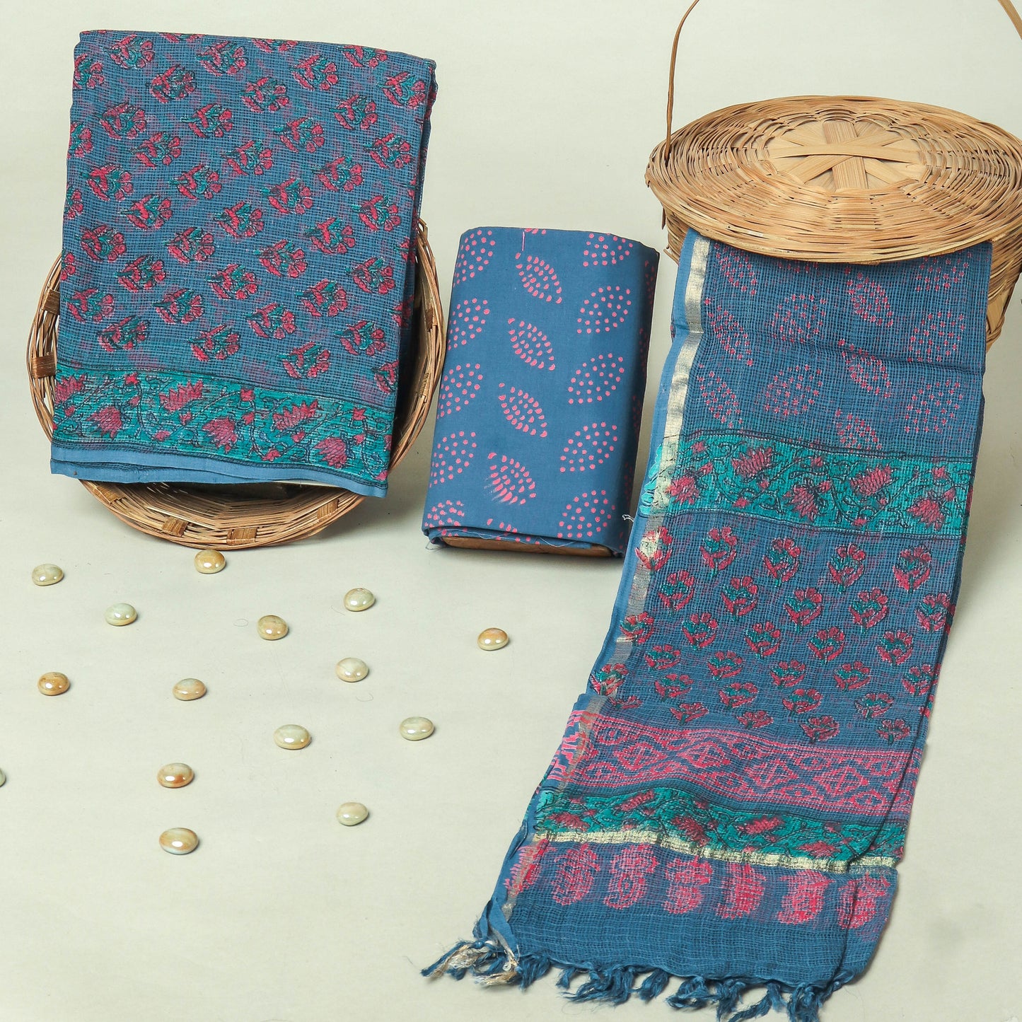Hand Block Printed Kota Doria Cotton Suit Set with Zari Border Dupatta