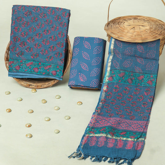 Hand Block Printed Kota Doria Cotton Suit Set with Zari Border Dupatta
