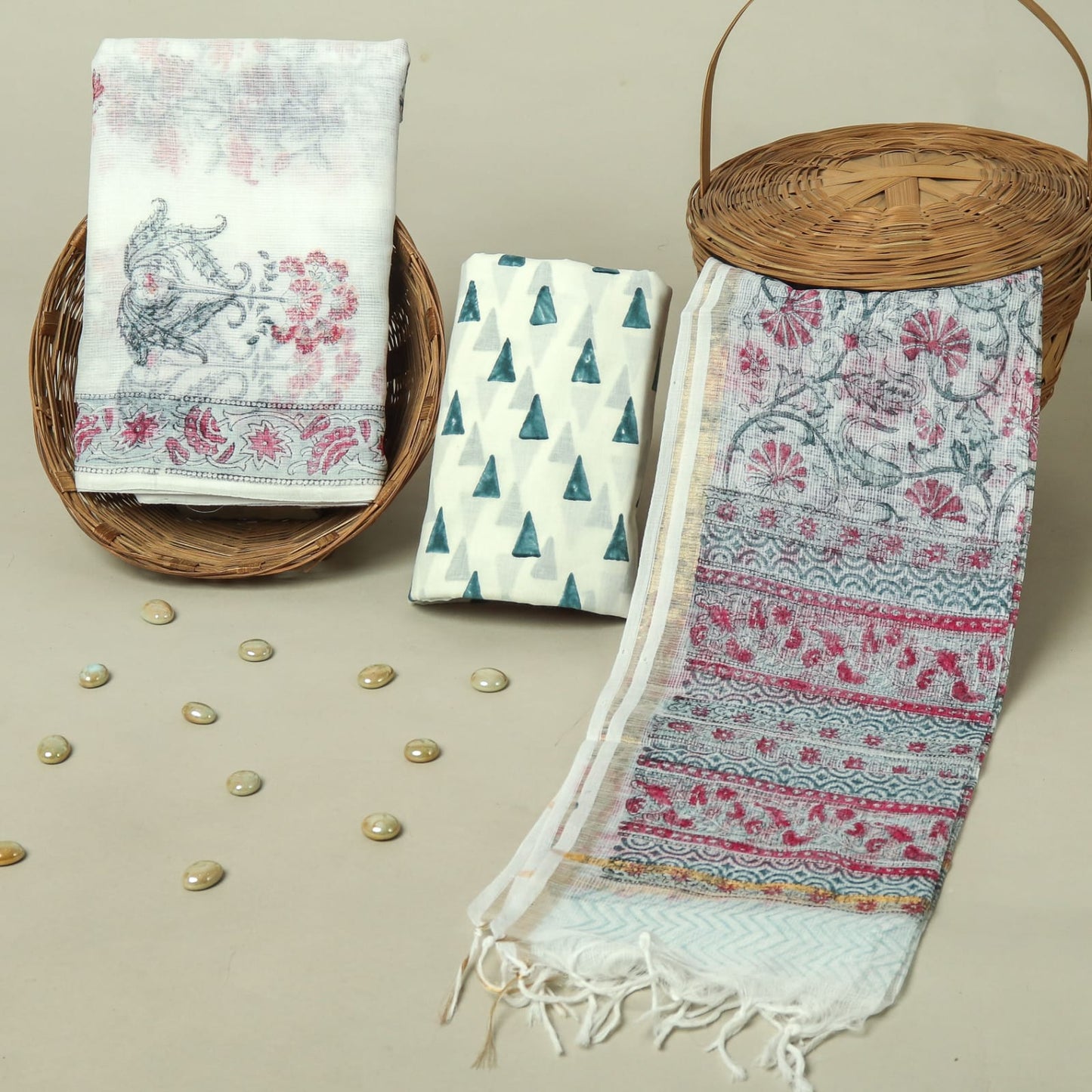 Hand Block Printed Kota Doria Cotton Suit Set with Zari Border Dupatta