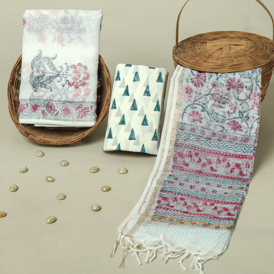 Hand Block Printed Kota Doria Cotton Suit Set with Zari Border Dupatta
