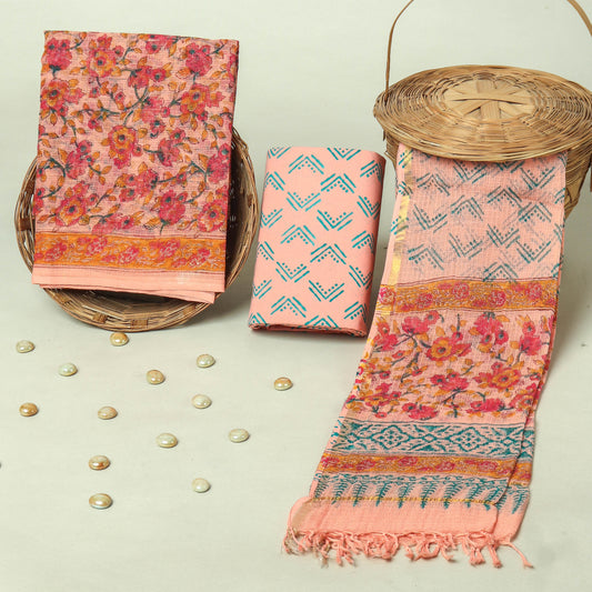 Hand Block Printed Kota Doria Cotton Suit Set with Zari Border Dupatta