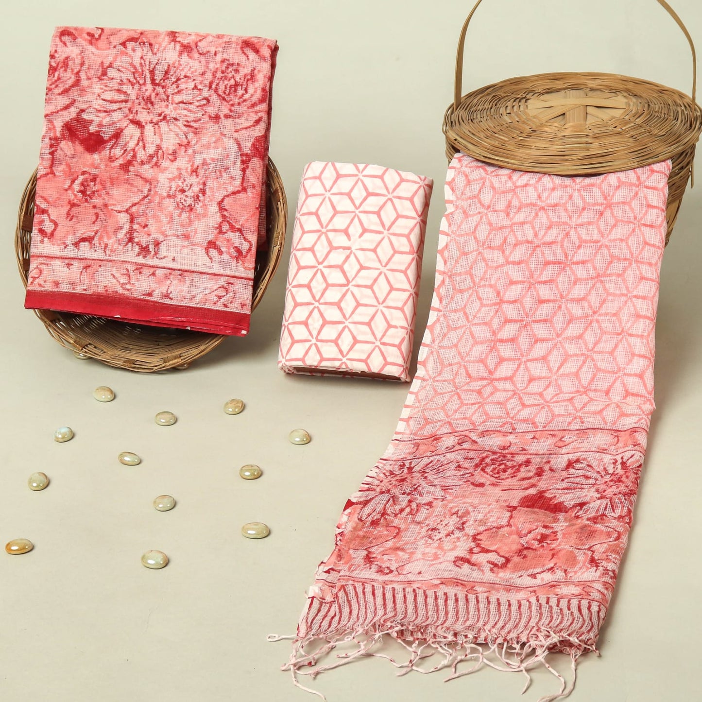 Hand Block Printed Kota Doria Cotton Suit Set with Zari Border Dupatta