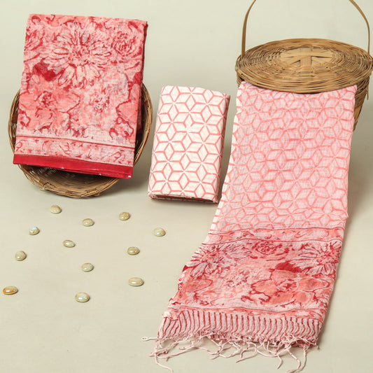 Hand Block Printed Kota Doria Cotton Suit Set with Zari Border Dupatta