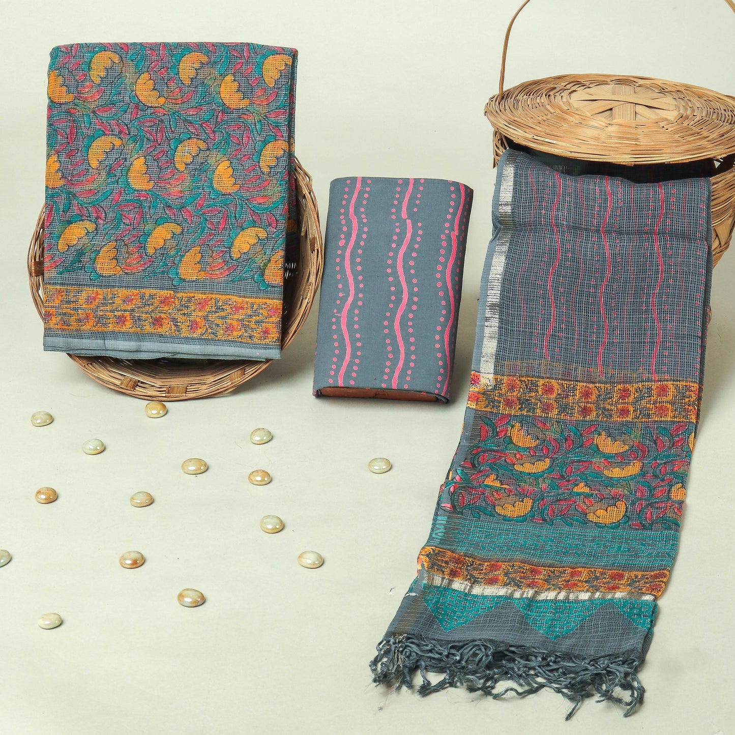 Hand Block Printed Kota Doria Cotton Suit Set with Zari Border Dupatta