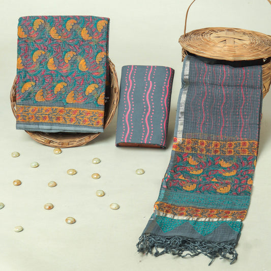 Hand Block Printed Kota Doria Cotton Suit Set with Zari Border Dupatta