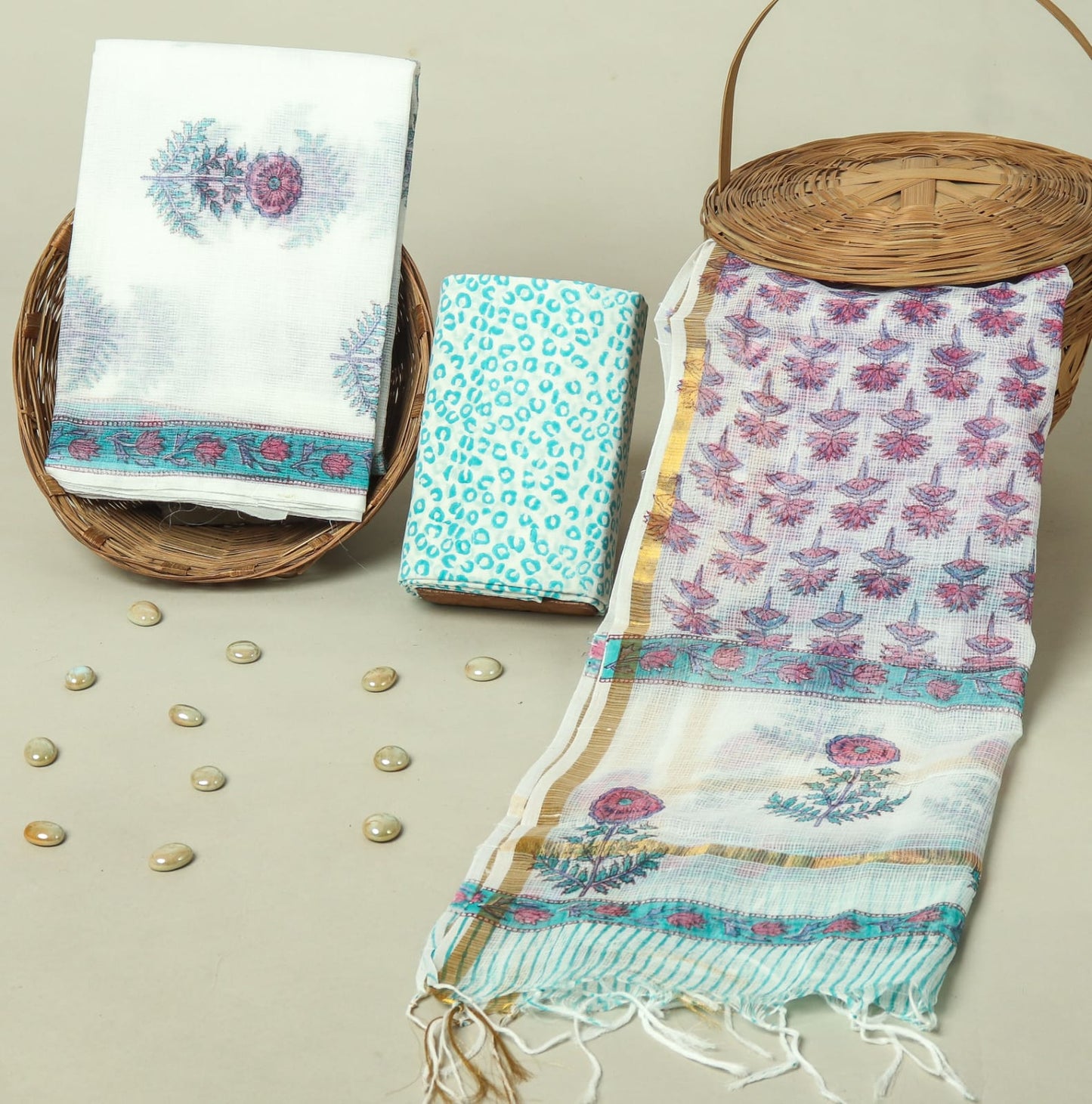 Hand Block Printed Kota Doria Cotton Suit Set with Zari Border Dupatta