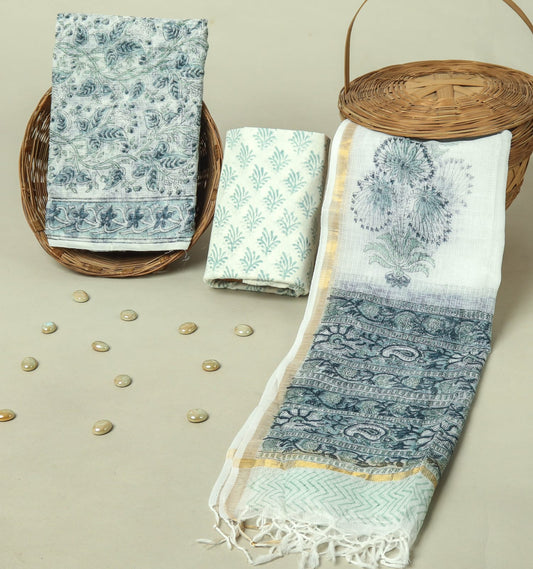 Hand Block Printed Kota Doria Cotton Suit Set with Zari Border Dupatta