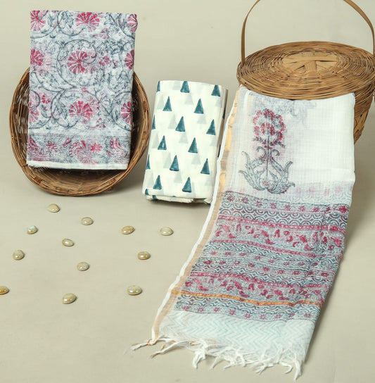 Hand Block Printed Kota Doria Cotton Suit Set with Zari Border Dupatta