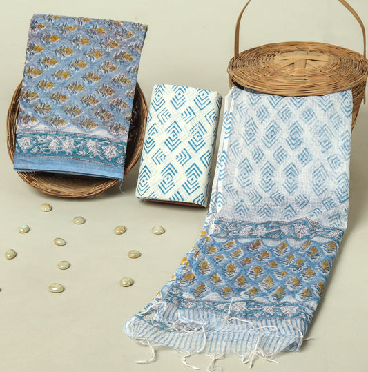 Hand Block Printed Kota Doria Cotton Suit Set with Zari Border Dupatta