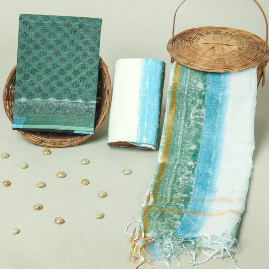 Hand Block Printed Kota Doria Cotton Suit Set with Zari Border Dupatta