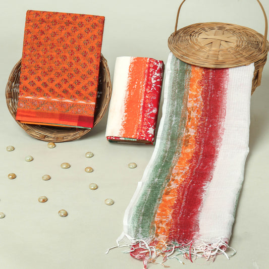 Hand Block Printed Kota Doria Cotton Suit Set with Zari Border Dupatta