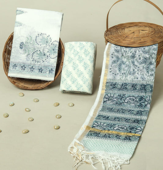 Hand Block Printed Kota Doria Cotton Suit Set with Zari Border Dupatta