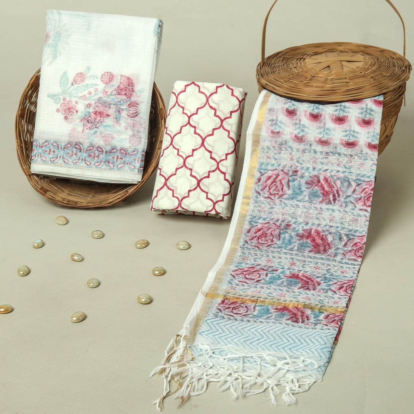 Hand Block Printed Kota Doria Cotton Suit Set with Zari Border Dupatta