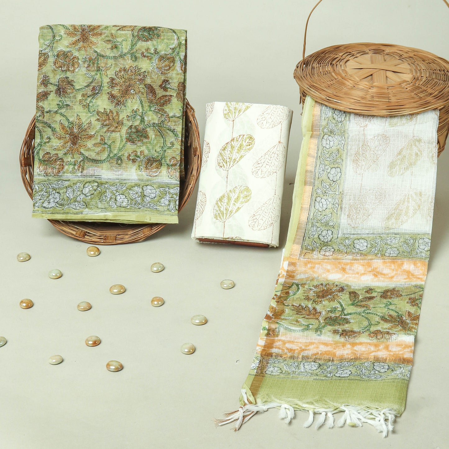 Hand Block Printed Kota Doria Cotton Suit Set with Zari Border Dupatta