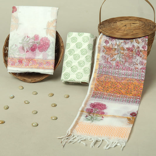 Hand Block Printed Kota Doria Cotton Suit Set with Zari Border Dupatta