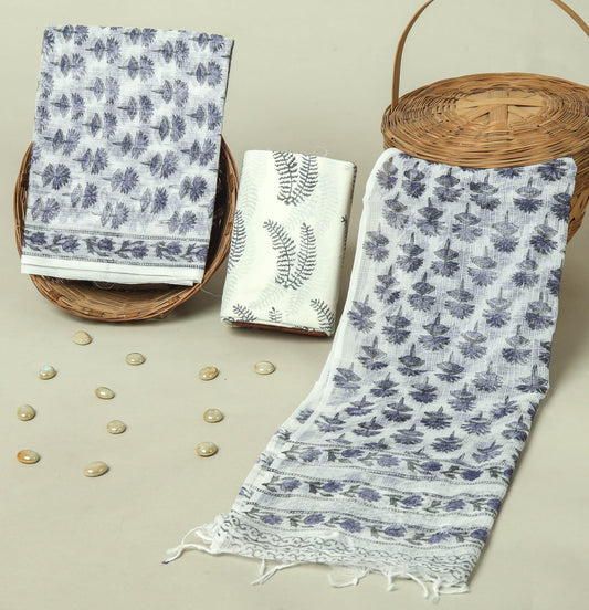 Hand Block Printed Kota Doria Cotton Suit Set with Zari Border Dupatta