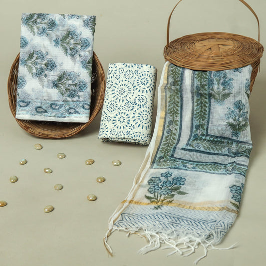 Hand Block Printed Kota Doria Cotton Suit Set with Zari Border Dupatta