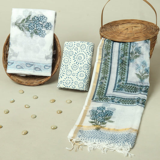 Hand Block Printed Kota Doria Cotton Suit Set with Zari Border Dupatta
