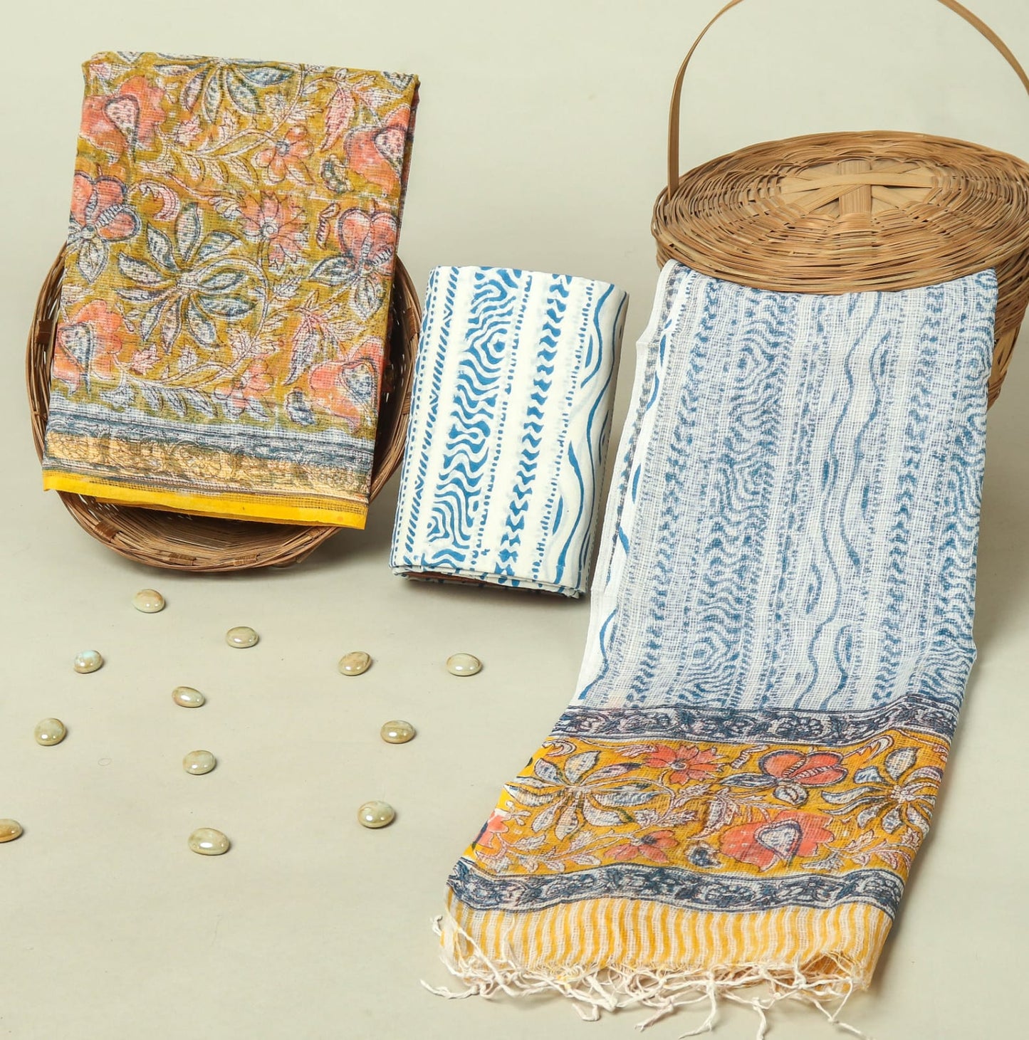 Hand Block Printed Kota Doria Cotton Suit Set with Zari Border Dupatta