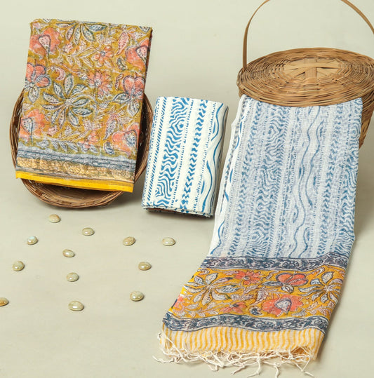 Hand Block Printed Kota Doria Cotton Suit Set with Zari Border Dupatta