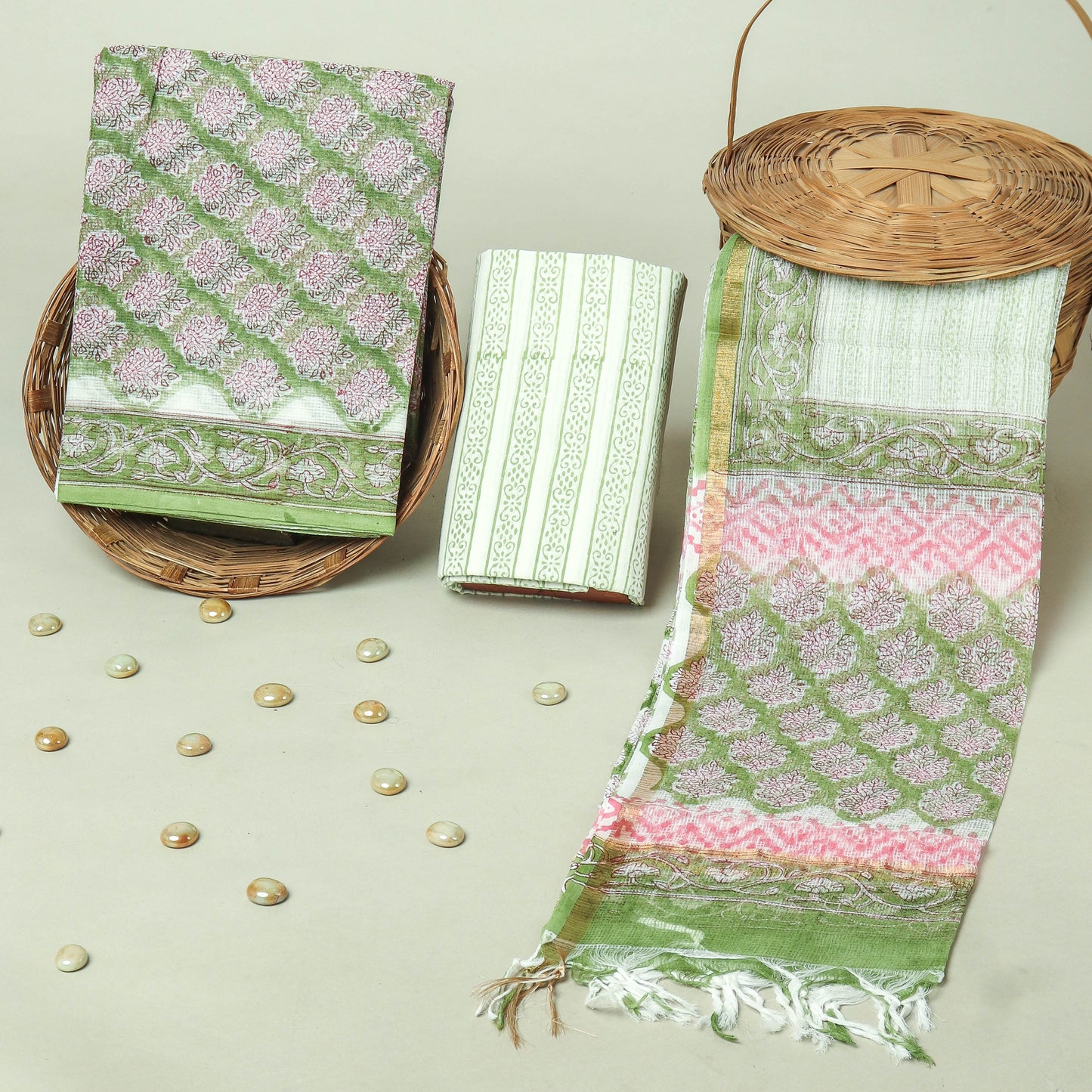 Hand Block Printed Kota Doria Cotton Suit Set with Zari Border Dupatta