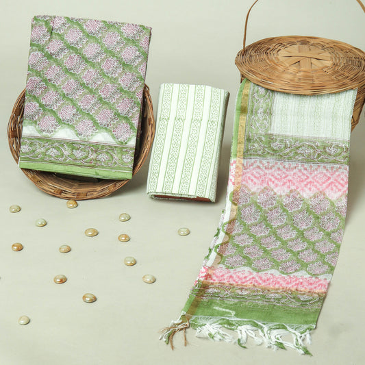 Hand Block Printed Kota Doria Cotton Suit Set with Zari Border Dupatta