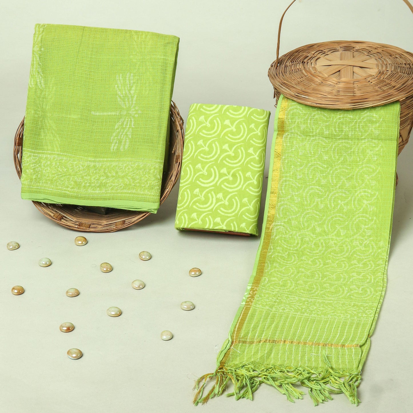 Hand Block Printed Kota Doria Cotton Suit Set with Zari Border Dupatta