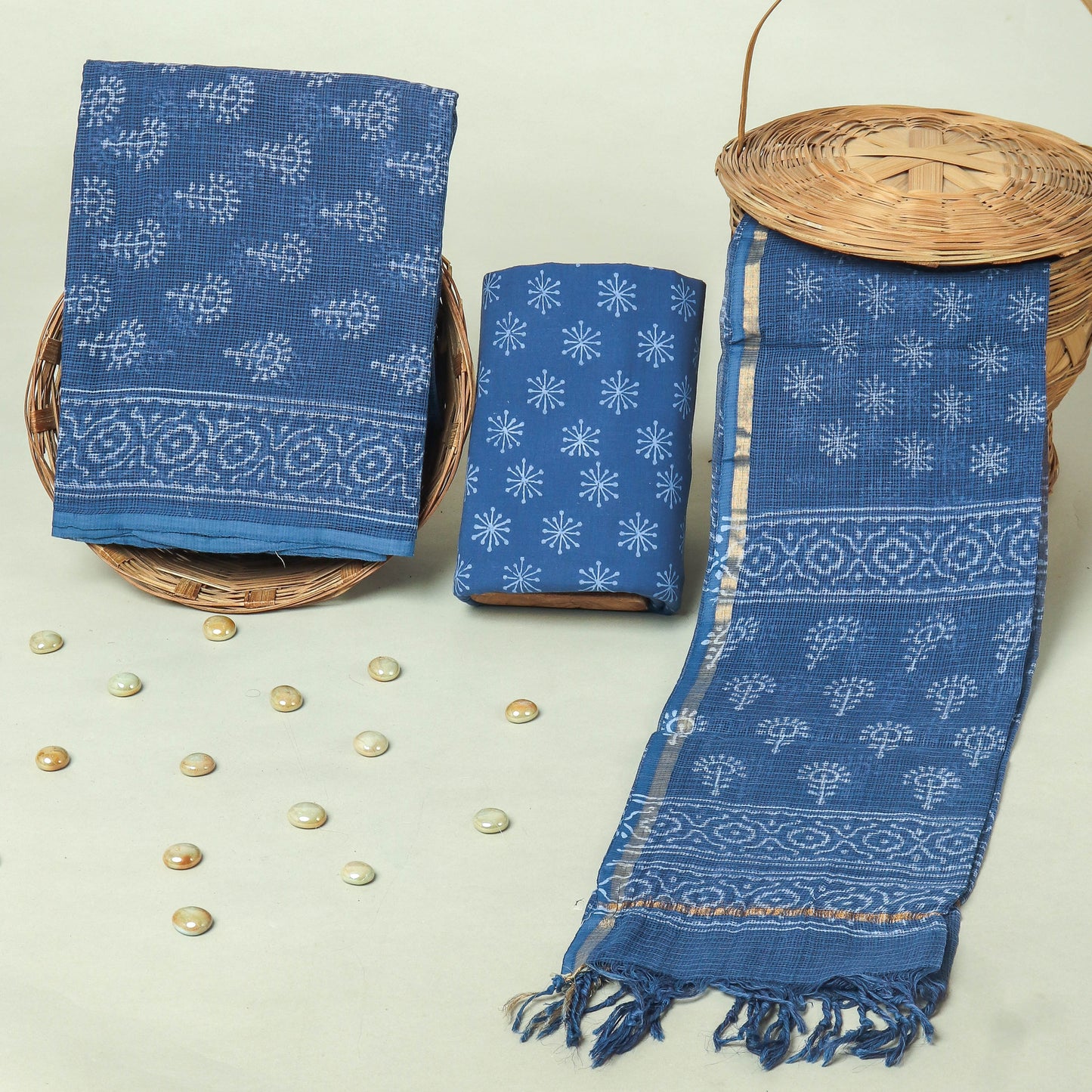 Hand Block Printed Kota Doria Cotton Suit Set with Zari Border Dupatta