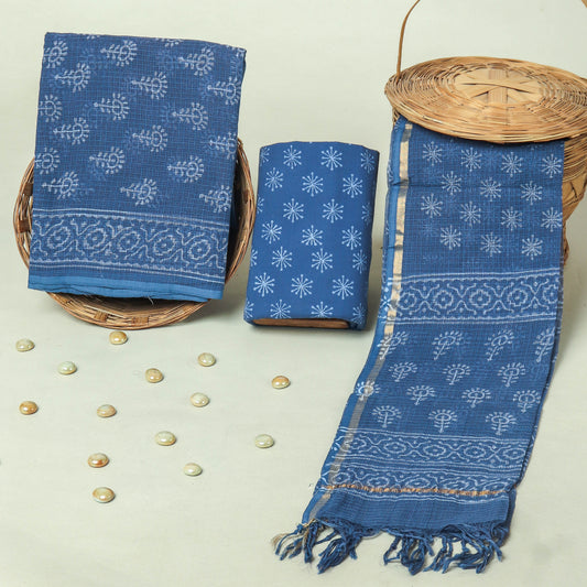 Hand Block Printed Kota Doria Cotton Suit Set with Zari Border Dupatta
